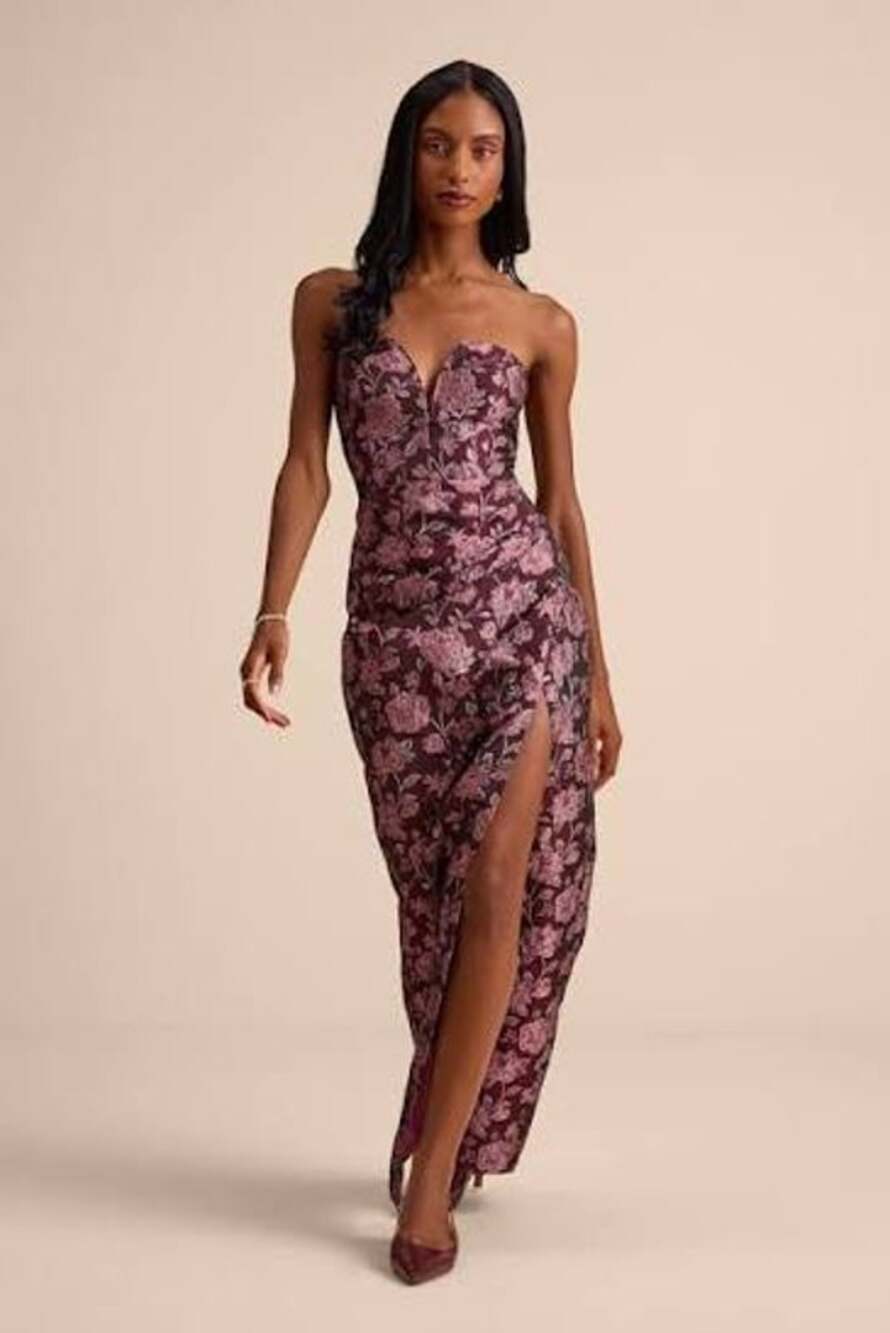 LULU'S D’Amore Plum Floral Jacquard Strapless Tulip Maxi Dress Size Medium M NWT